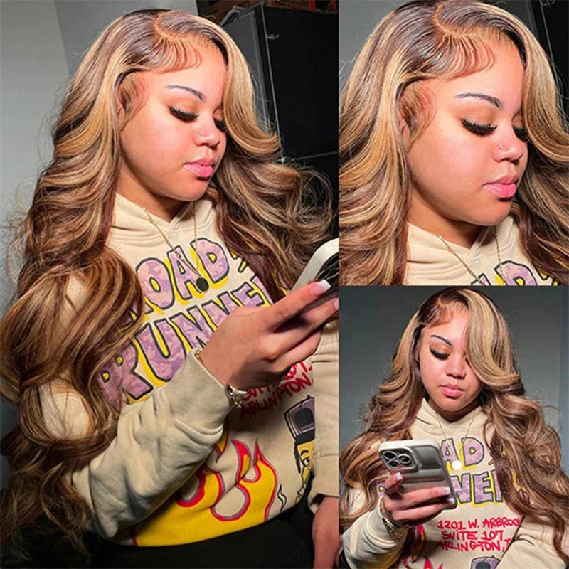 Honey Blonde Highlight Brown Ombre Color Wavy Free Part Melt 3 Bundles With 4x4 Lace Closure 150% Density
