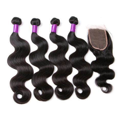 Indian Body Wave 4 Bundles With 4X4 Transparent Lace Closure Brazilian Human Hair
