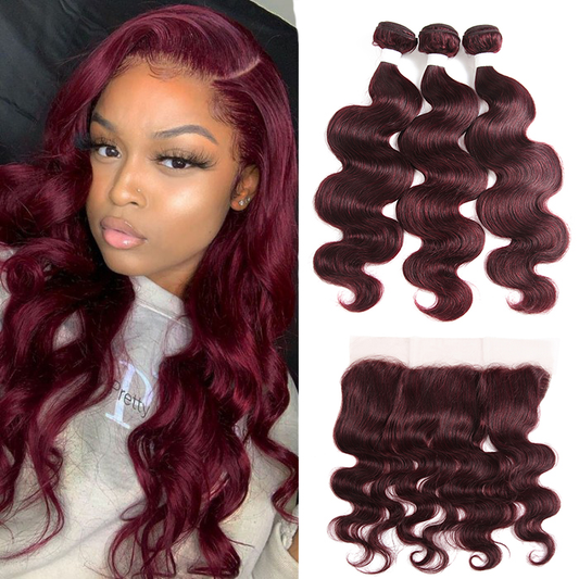 99J Burgundy Body Wave 3 Bundles With 13x4 Lace Frontal 100% Virgin Human Hair