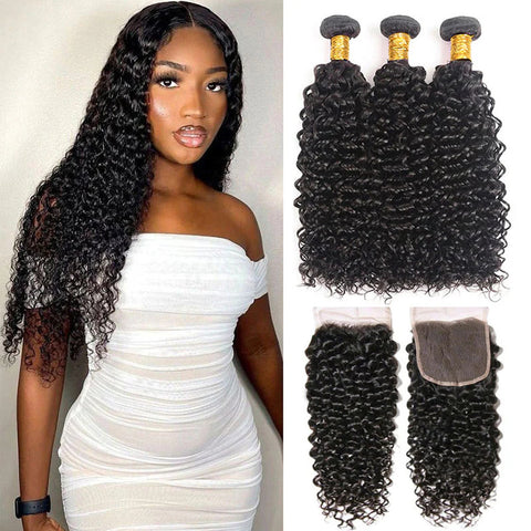 Malaysian Curly Wave Hair 3 Bundles With 4x4 Closure
