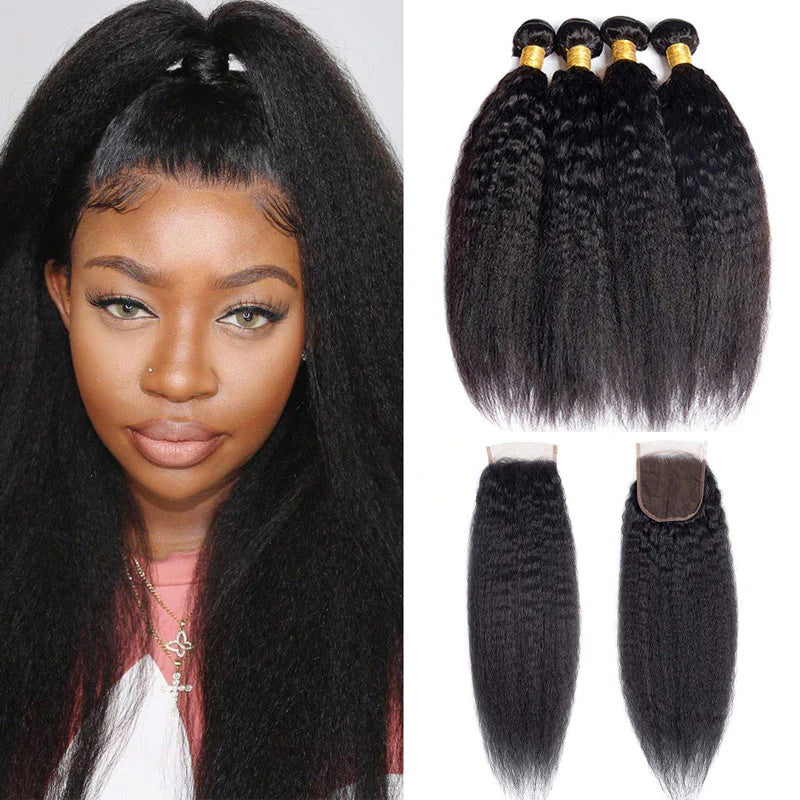 Kinky Straight Hair 4 Bundles With 4x4 Lace Closure Human Hair
