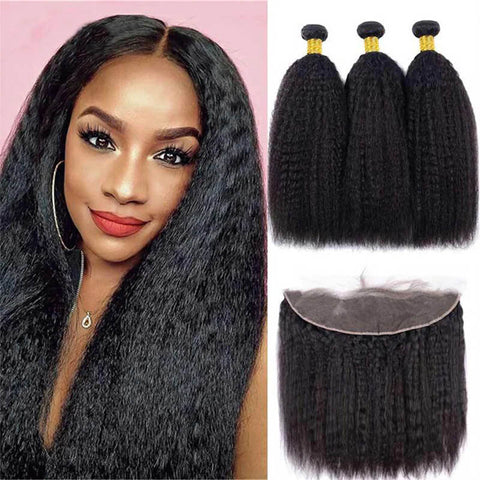 Lemoda Kinky Straight 3 Bundles with 13x4 Lace Frontal Transparent human hair