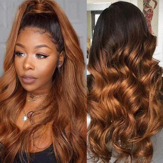 1B/30 Ombre Medium Auburn Black Roots 4 Bundles With 13x4 Lace Frontal 100% Human Hair