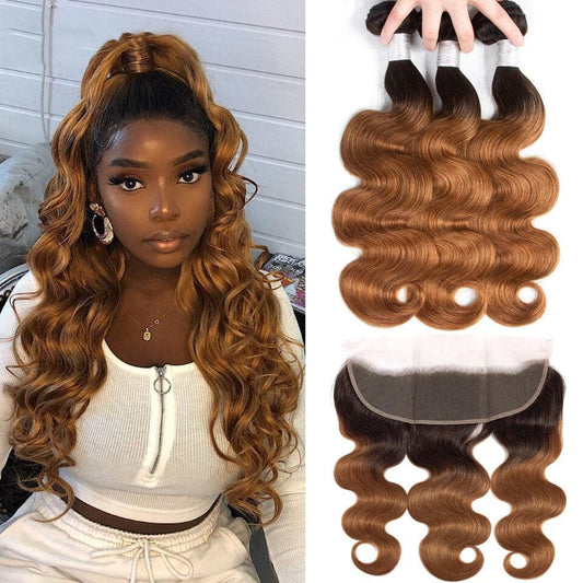 Black Roots Medium Auburn Body Wave 3 Bundles With 13x4 Lace Frontal 100% Human Hair