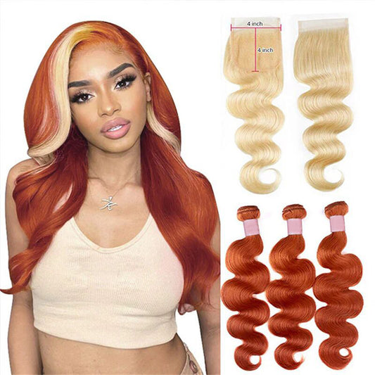 Skunk Stripe Ginger Orange With 613 Blonde Highlights Body Wave Human Hair 3 Bundles with 4x4 Closure 613 Blonde Lace Closure
