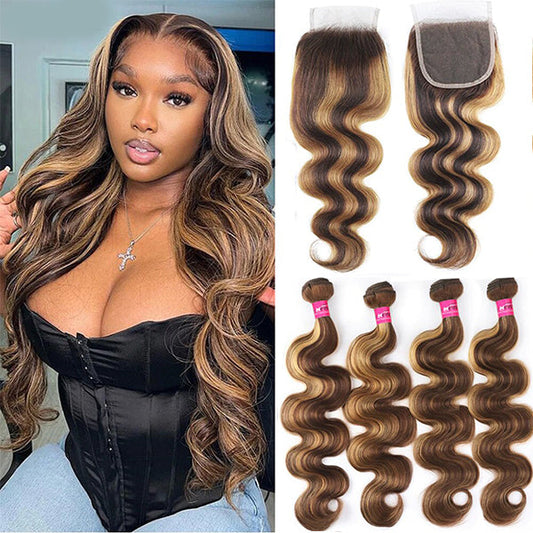 P4/27 Highlight Body Wave 4 Bundles With 4x4 Lace Closure 100% Human Hair