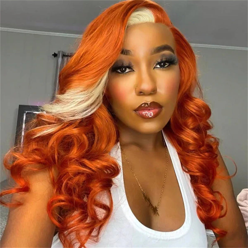 Skunk Stripe Ginger Orange Wigs With 613 Blonde Highlights Pre Plucked Body Wave Wigs 
