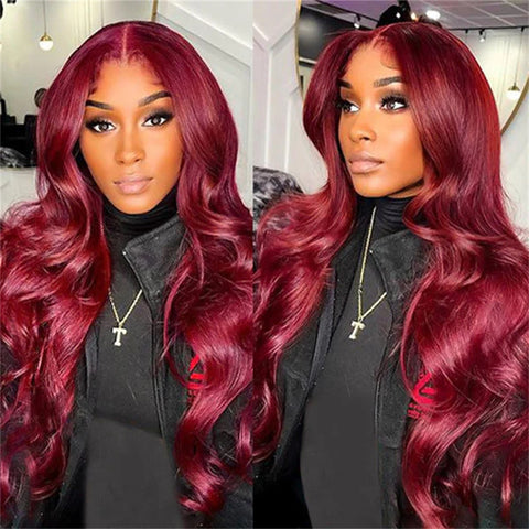 Burgundy 6x6 Lace Closure Wigs 99J Body Wave wig 180% density
