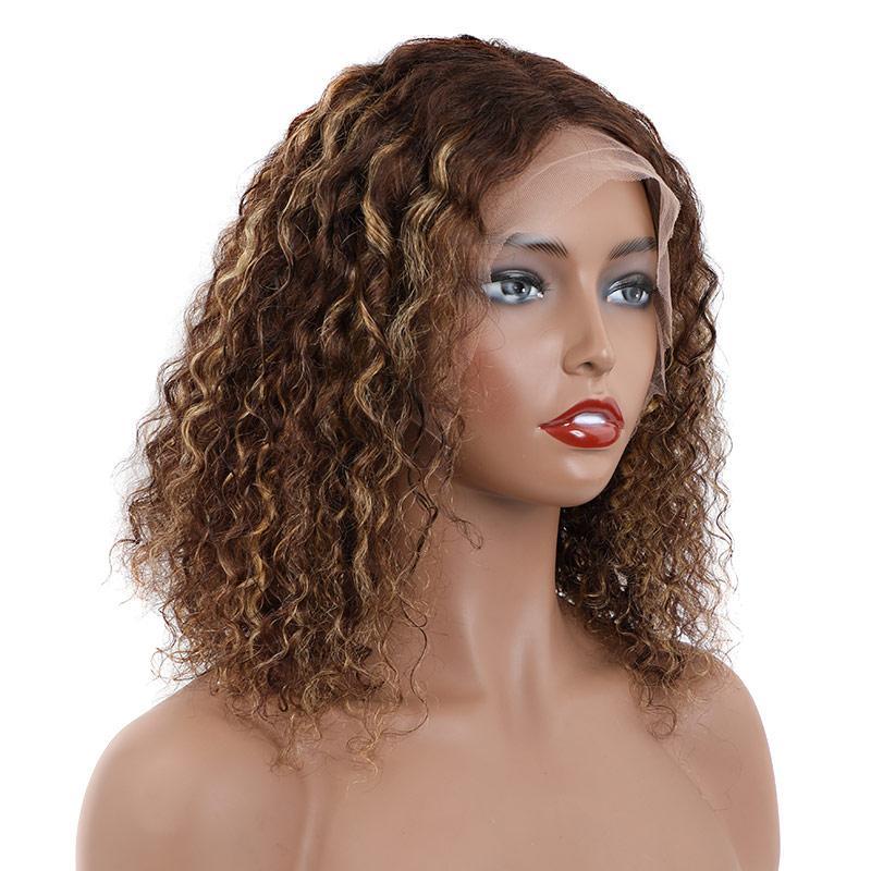 Brazilian Hair Brown With Strawberry Blonde Highlights Curly Bob Lace Front Wigs With Pre Plucked Baby Hair - Lemoda Hair