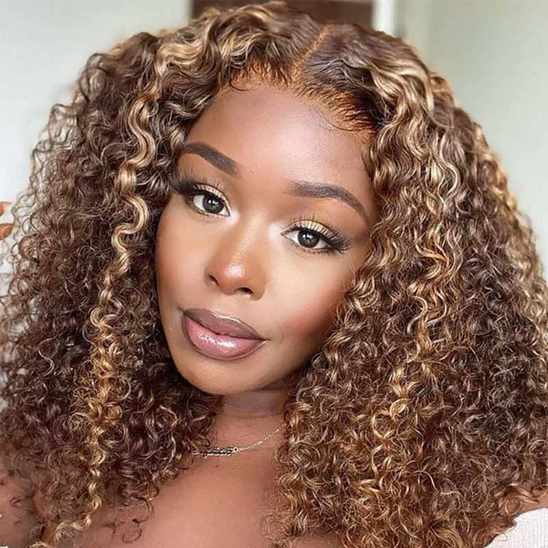 Brazilian Hair Brown With Strawberry Blonde Highlights Curly Bob Lace Front Wigs With Pre Plucked Baby Hair - Lemoda Hair