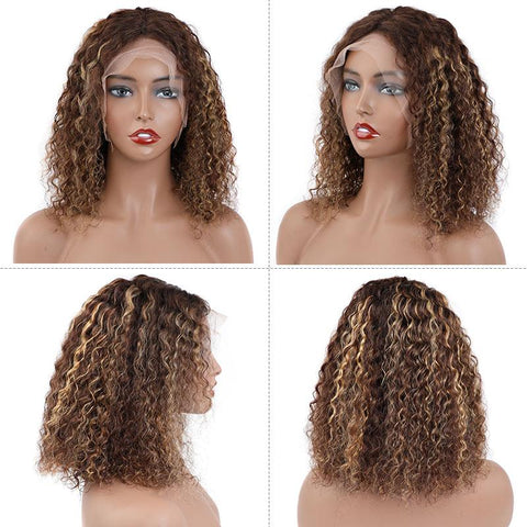 Brazilian Hair Brown With Strawberry Blonde Highlights Curly Bob Lace Front Wigs With Pre Plucked Baby Hair - Lemoda Hair