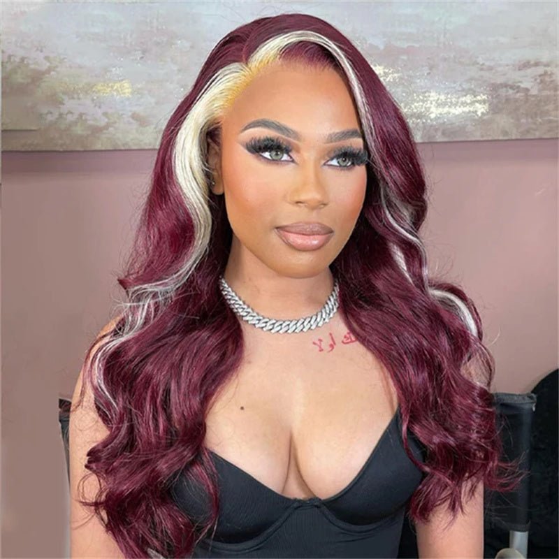 Burgundy 99J Red Wig With 613 Blonde Skunk Stripe Human Hair Wigs 6x6 Body Wave Lace Closure Wig Colored Wigs - Lemoda Hair