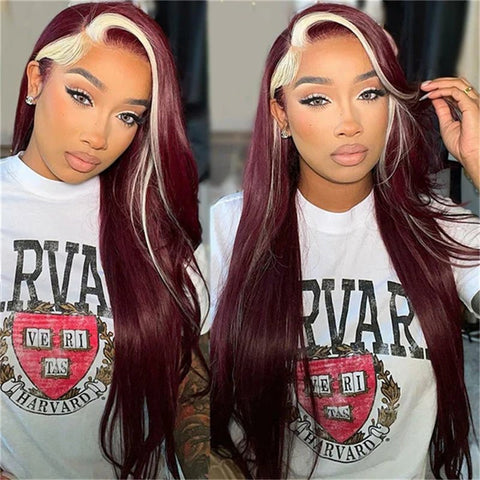 Burgundy 99J Red Wig With 613 Blonde Skunk Stripe Human Hair Wigs 6x6 Body Wave Lace Closure Wig Colored Wigs - Lemoda Hair