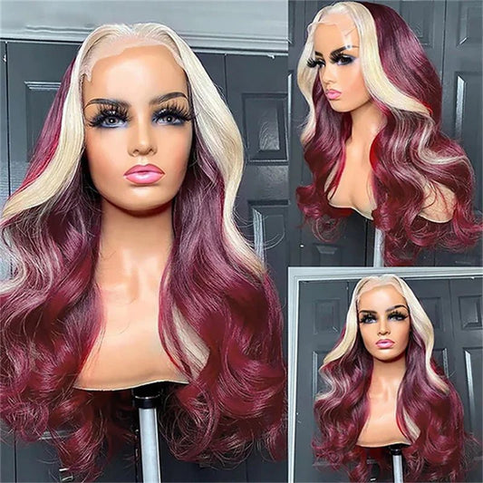 Burgundy 99J Red Wig With 613 Blonde Skunk Stripe Human Hair Wigs 6x6 Body Wave Lace Closure Wig Colored Wigs - Lemoda Hair