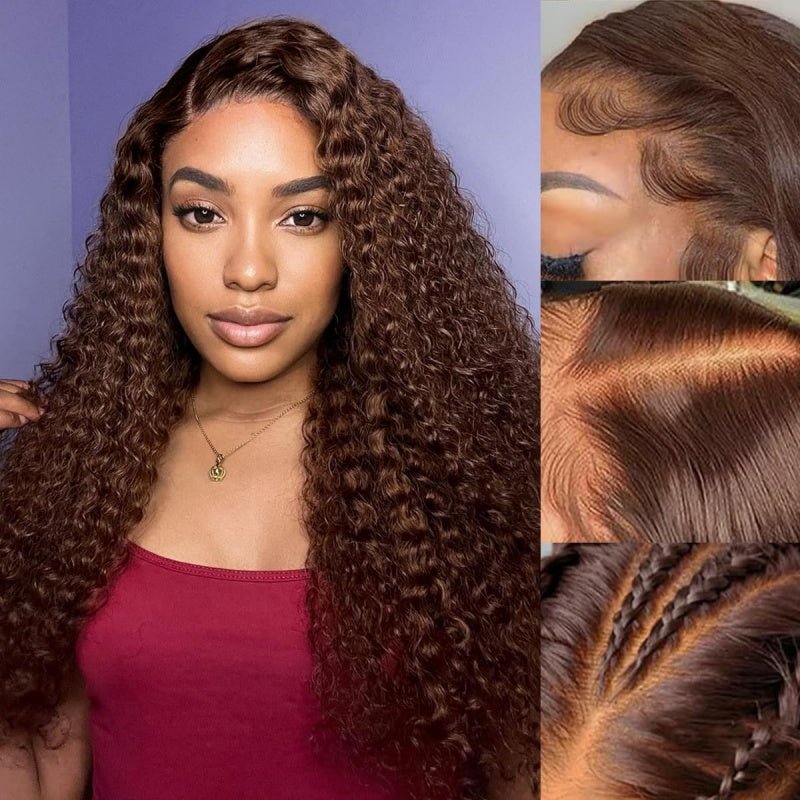 Chocolate Brown Kinky Curly Lace Front Wig Human Hair 13x4 Transparent Lace Frontal Wigs 180% Density - Lemoda Hair