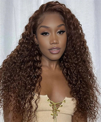 Chocolate Brown Kinky Curly Lace Front Wig Human Hair 13x4 Transparent Lace Frontal Wigs 180% Density - Lemoda Hair