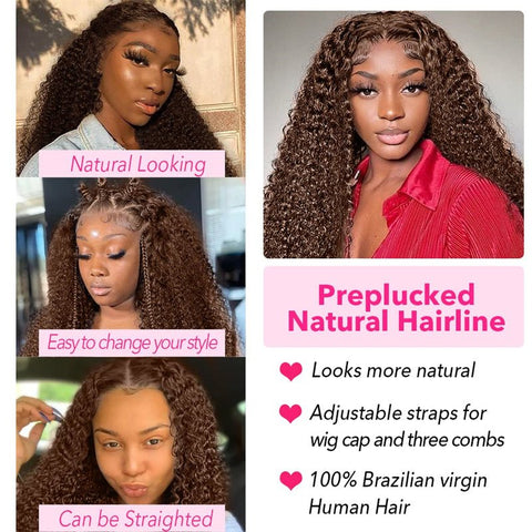 Chocolate Brown Kinky Curly Lace Front Wig Human Hair 13x4 Transparent Lace Frontal Wigs 180% Density - Lemoda Hair