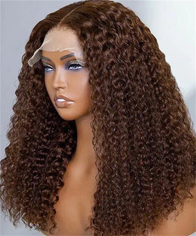 Chocolate Brown Kinky Curly Lace Front Wig Human Hair 13x4 Transparent Lace Frontal Wigs 180% Density - Lemoda Hair