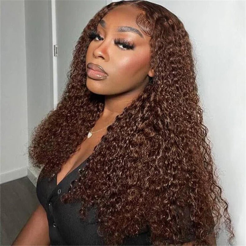 Chocolate Brown Kinky Curly Lace Front Wig Human Hair 13x4 Transparent Lace Frontal Wigs 180% Density - Lemoda Hair