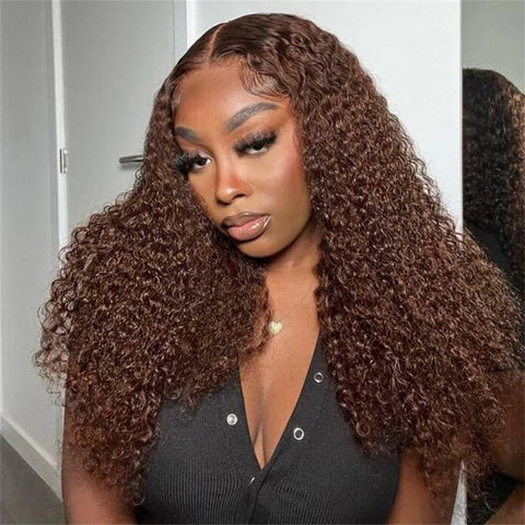 Chocolate Brown Kinky Curly Lace Front Wig Human Hair 13x6 Transparent Lace Frontal Wigs 180% Density - Lemoda Hair