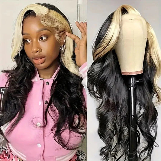  Skunk Stripe Natural Black with 613 Blonde Body Wave 13x4 Transparent Lace Front Wig 180% Density
