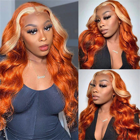 13x4 Skunk Stripe Ginger Orange Wigs With 613 Blonde Highlights Pre Plucked Body Wave Wigs 
