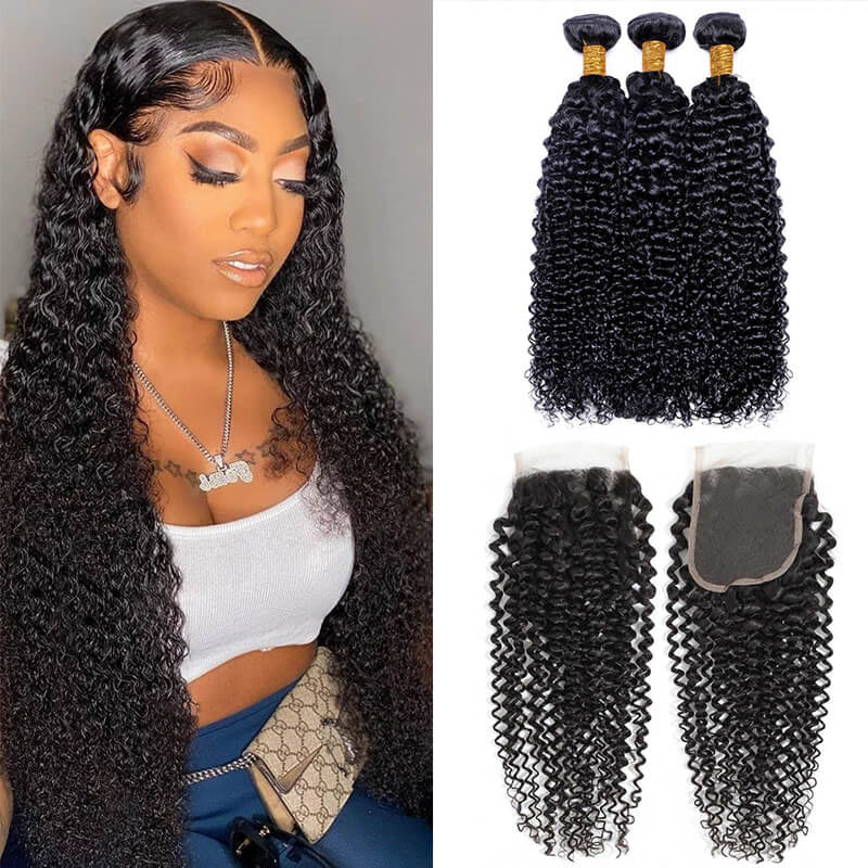 Kinky Curly Remy Virgin Human Hair 3 Bundles With 4X4 Lace Closure
