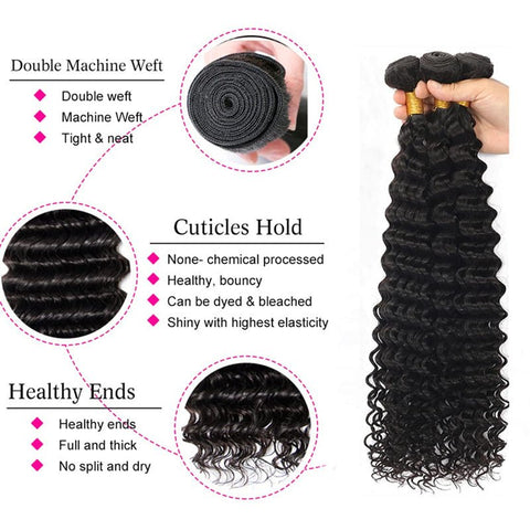 Deep Wave 3 Bundles with 4x4 Lace Closure with Baby Hair Natural Color - Lemoda Hair