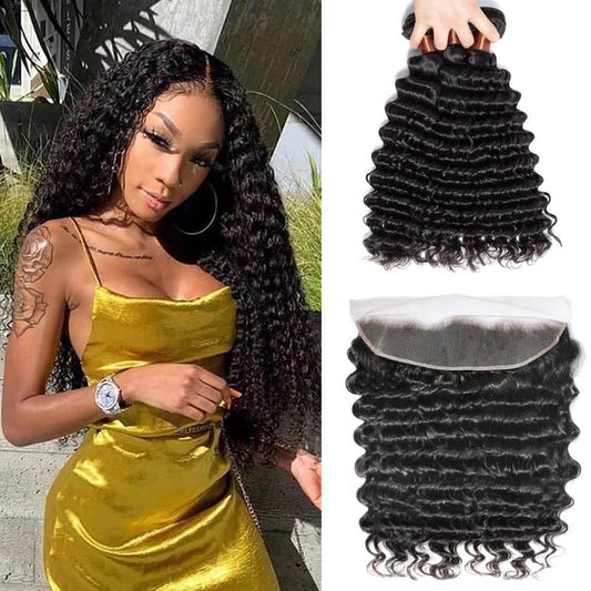 Deep Wave Brazilian Hair Bundles With 13x4 Lace Frontal - Lemoda Hair