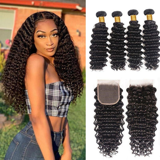 Deep Wave Human Hair Bundles with Closure Brazilian Hair 4 Bundles with 4x4 Lace Closure - Lemoda Hair