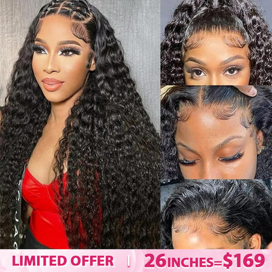 Lemoda 13x6 Lace Frontal Wig Human Hair Deep Wave Pre Plucked Hairline 180% Density Virgin Human Hair