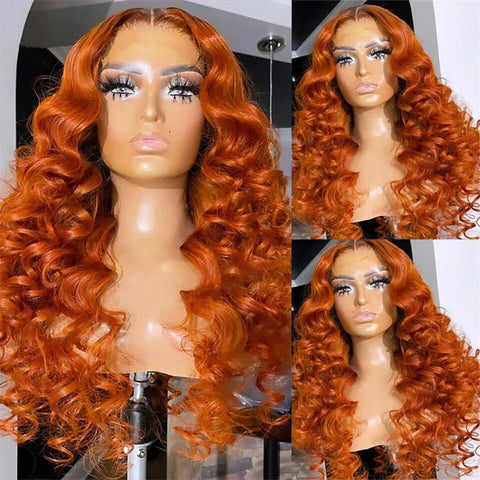 Ginger Orange 13x6 Lace Frontal Loose Wave Human Hair Wigs Pre - plucked Hairline with Baby Hair - Lemoda Hair