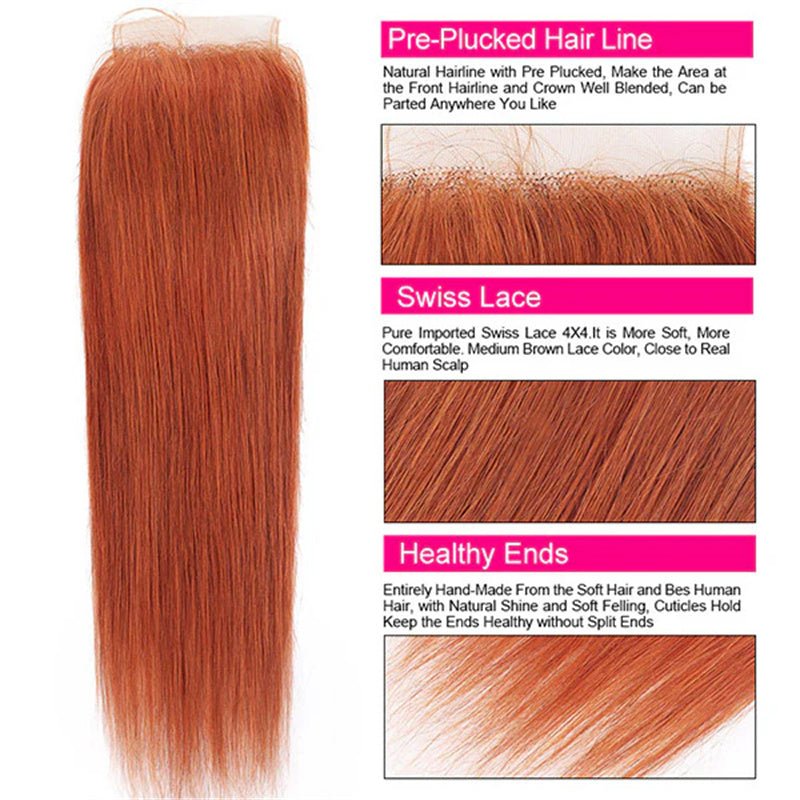 Ginger Orange Hair Bundles with Closure 4x4 Body Wave/Straight Human Hair Bundles with Closure - Lemoda Hair