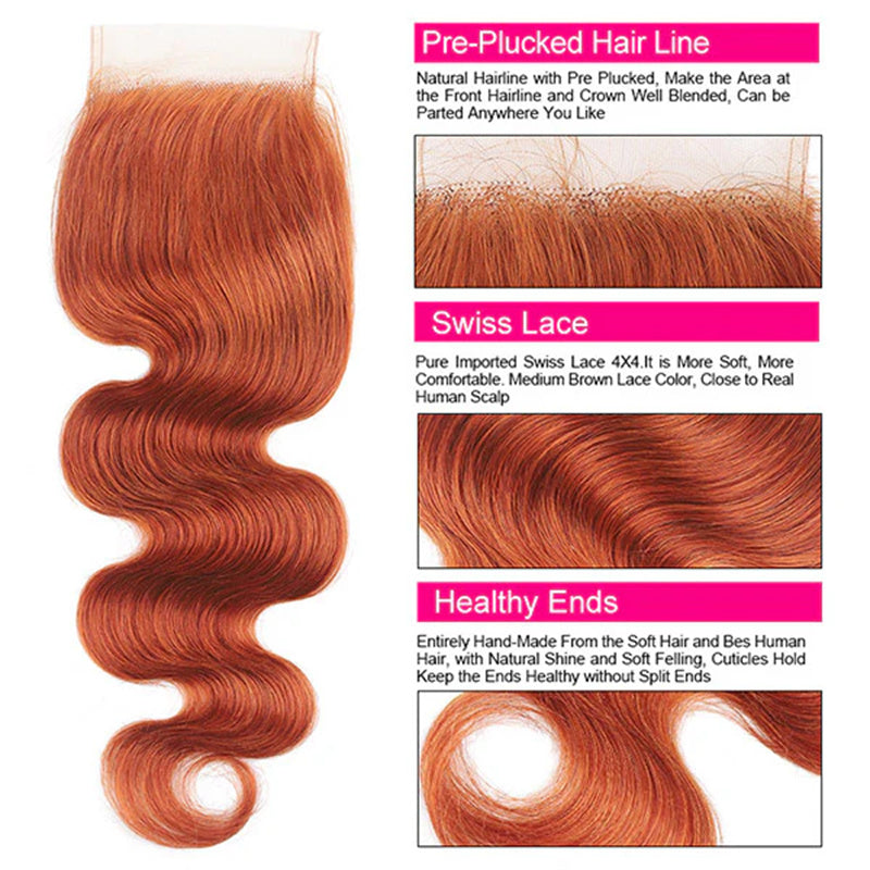 ginger color body wave 4x4 lace closure