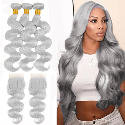 Silver Grey Body Wave 3 Bundles With 4x4 Lace Closure Remy Brazilian Human Hair