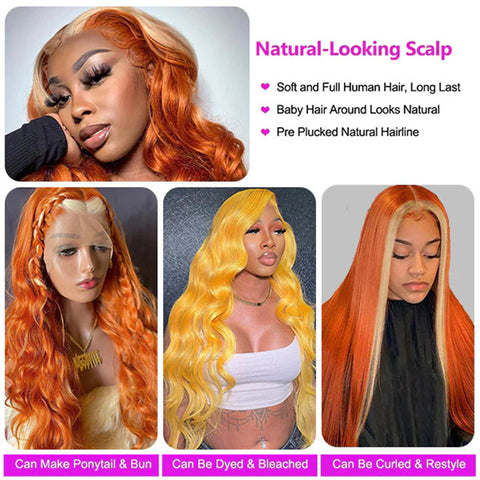 Skunk Stripe Ginger Orange Wigs With 613 Blonde Highlights Pre Plucked Body Wave Wigs 13x4 Transparent Lace Front Wigs