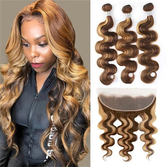 Highlight Body Wave Hair Brazilian Human Hair 3 Bundles with Frontal 13x4 Lace Closure - Lemoda Hair