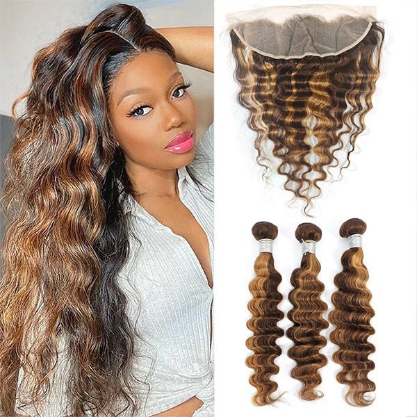 Highlight P4/27 Loose Deep 3 Bundles With 13x4 Transparent Lace Frontal 100% Human Hair - Lemoda Hair