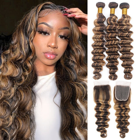 Highlight P4/27 Loose Deep Wave 3 Bundles With 4x4 Lace Closure 100% Real Human Hair - Lemoda Hair