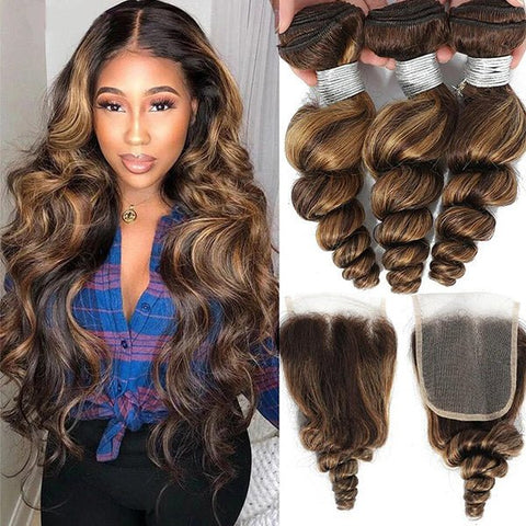 Highlight P4/27 Loose Wave Bundles with 4X4 Closure 100% Real Human Hair - Lemoda Hair