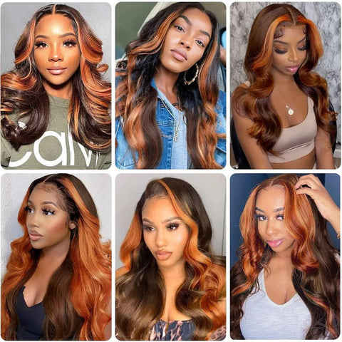 Highlight Skunk Stripe Ginger Brown 13x4 Transparent Lace Frontal Human Hair Body Wave Ombre Chocolate Brown Wigs