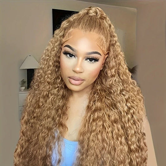 Honey Blonde 13x6 Water Wave Lace Frontal Wigs Human Hair Transparent Lace Frontal Wig Pre Plucked Wat and Wavy Curly