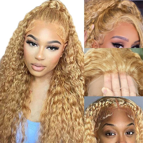 Honey Blonde 13x6 Water Wave Lace Frontal Wigs Human Hair Transparent Lace Frontal Wig Pre Plucked Wat and Wavy Curly