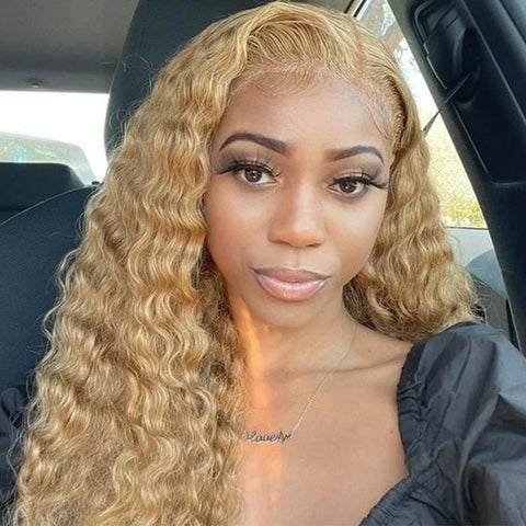 Honey Blonde 13x6 Water Wave Lace Frontal Wigs Human Hair Transparent Lace Frontal Wig Pre Plucked Wat and Wavy Curly