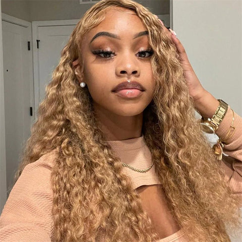 Honey Blonde 13x6 Water Wave Lace Frontal Wigs Human Hair Transparent Lace Frontal Wig Pre Plucked Wat and Wavy Curly