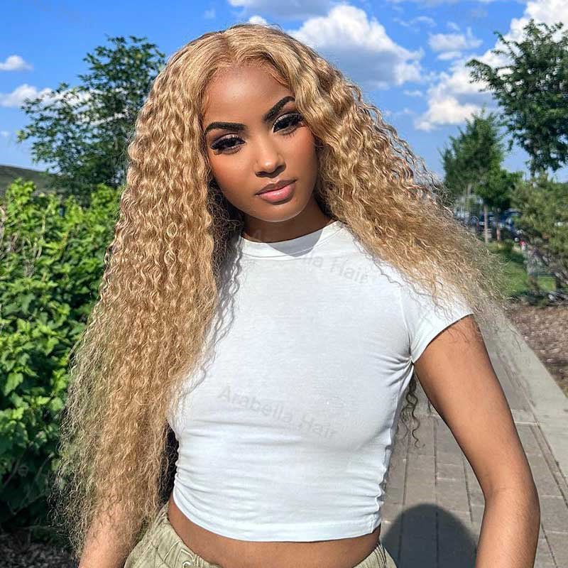 Honey Blonde Curly Hair 13x4 Transparent Lace Front Human Hair Wig With Pre Plucked - Lemoda Hair