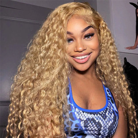 Water Wave Human Hair Wig Honey Blonde 13x4 Transparent Lace Wig 