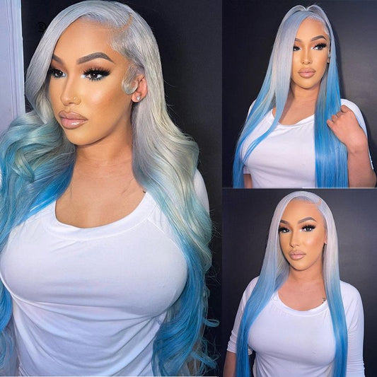 Lemoda 180% Hair Density Silver Gray Human Hair Wig With Blue Underneath 13x6 Lace Frontal Wig - Lemoda Hair