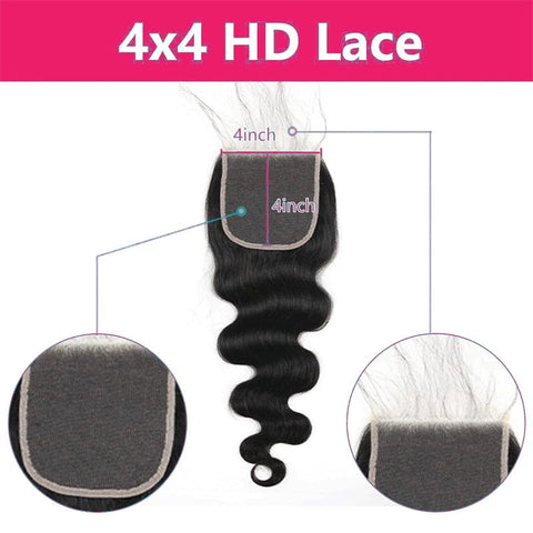 Lemoda 4x4 HD Lace Closure Body Wave 100% Virgin Human Hair Pre Plucked with Baby Hair Natural Black - Lemoda Hair