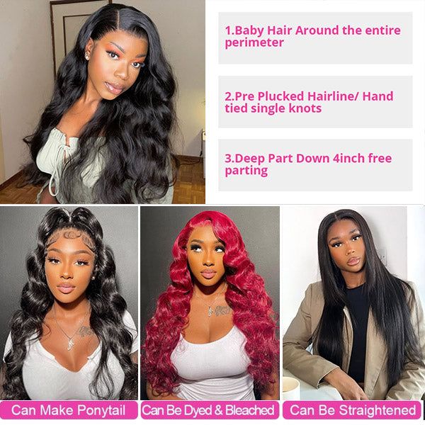 Lemoda 4x4 Lace Closure Wigs Human Hair Brazilian 180% Hair Density Body Wave with Pre - plucked Baby Hair - Lemoda Hair